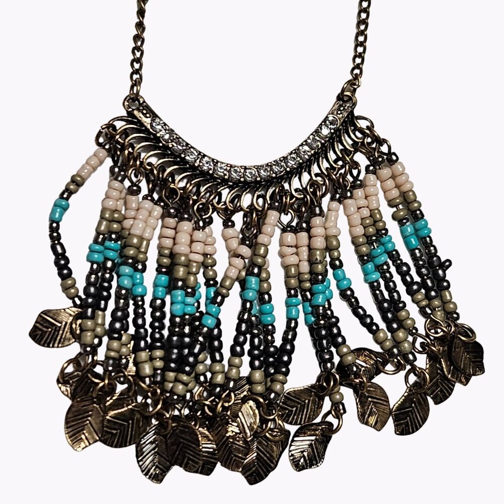 Aztec Southwest Beaded Bib Necklace Gold Tone Leaf Statement Fashion Jewelry